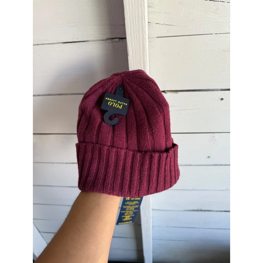Polo Ralph Lauren Burgundy Ribbed Knit Beanie Wool Blend Hat NWT